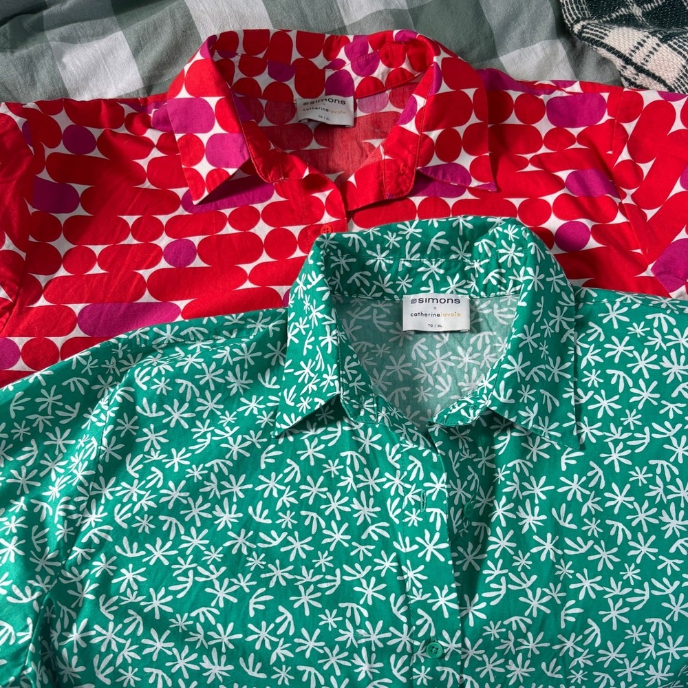 Simons Catherine Lavoie Pima Cotton Button Up Shirt Lot 2 Red Green Floral XL